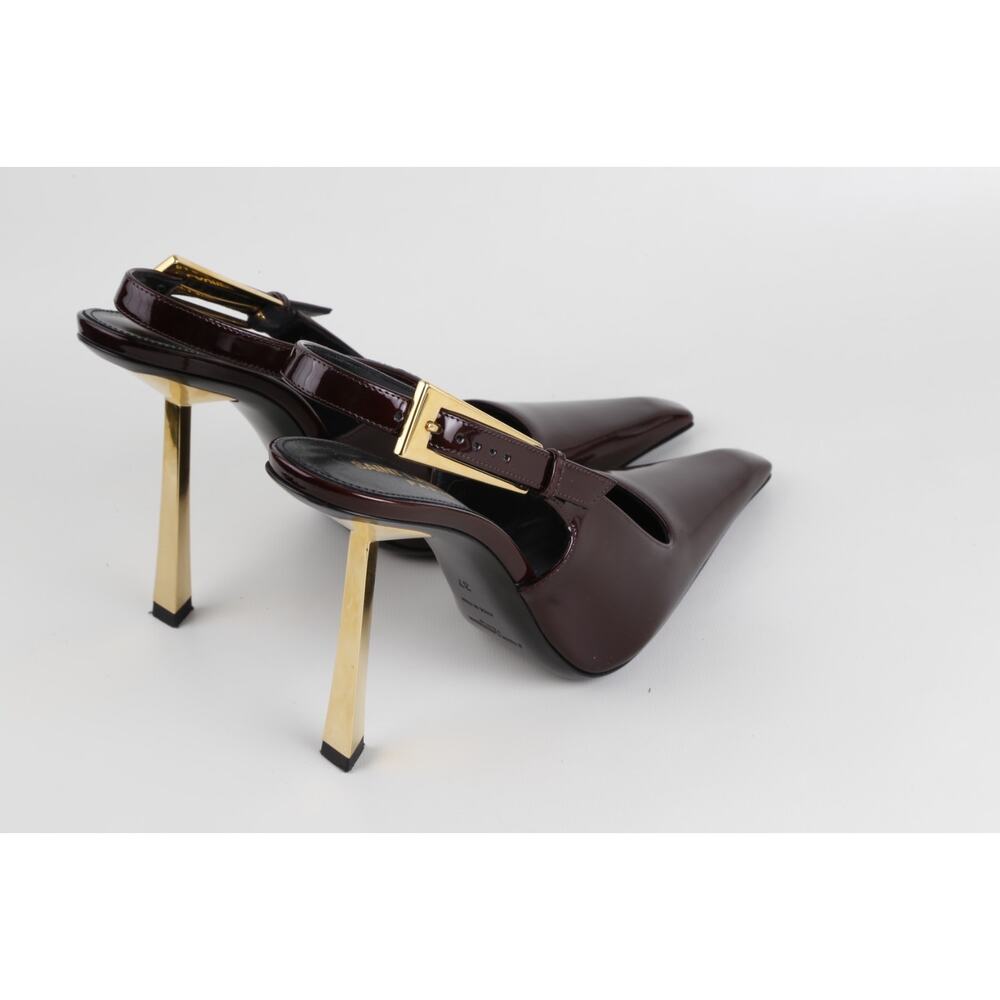 Saint Laurent Lee Burgundy Patent Leather Slingback Pointed Toe Heels Gold 37 - Picture 9 of 16